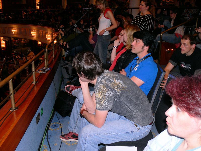 Patrick Bell (Xon) and James Cawley (Kirk) watching the FedCon events on stage