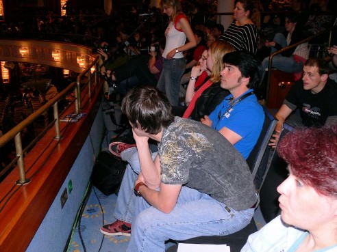 Patrick Bell (Xon) and James Cawley (Kirk) watching the FedCon events on stage Patrick Bell (Xon) and James Cawley (Kirk) watching the FedCon events on stage